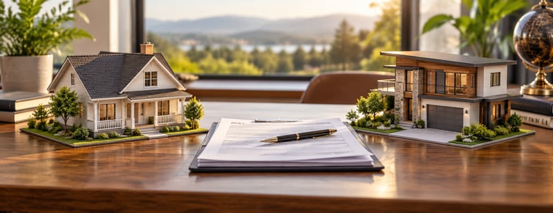 Two model houses, one traditional and one modern, with property documents and a pen on a clipboard between them