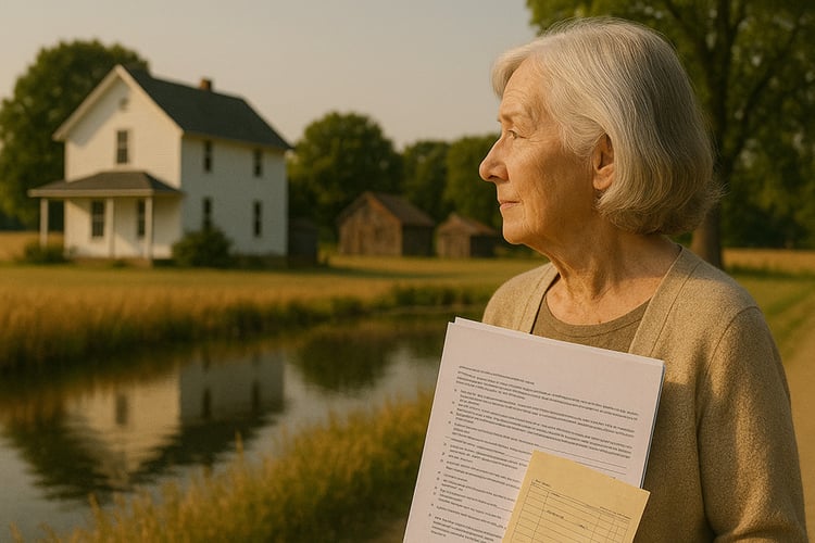 A depiction of Dorothy looking at her farm