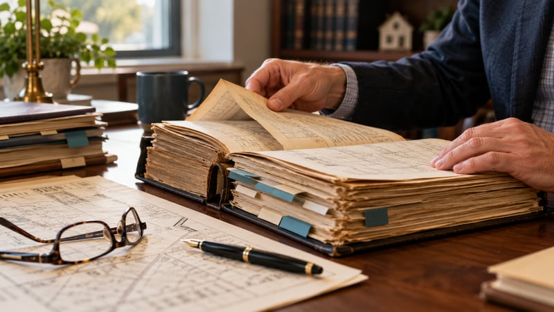 Hands paging through a thick tabbed abstract binder next to a plat map and pen