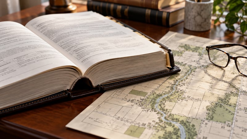 Thick open record book beside a plat map and eyeglasses on a wooden desk