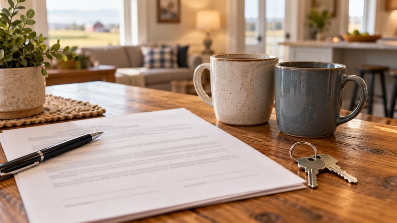 Deed, pen, two keys on one ring and two mugs on a kitchen table