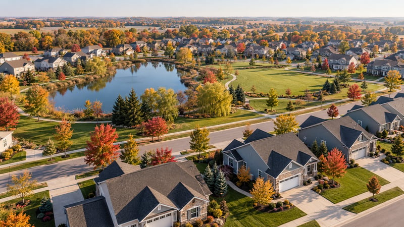 Aerial view of a planned residential community with matching homes, a pond, and shared green space in autumn