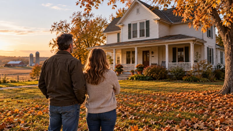 Couple looking at a white farmhouse surrounded by autumn trees and fallen leaves