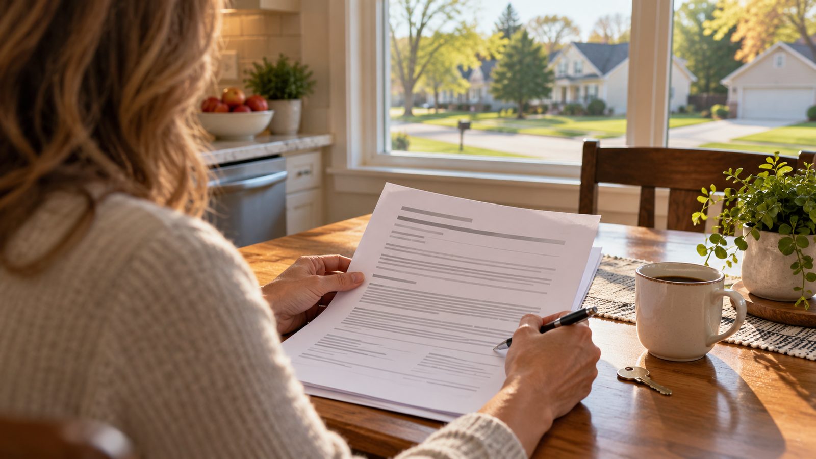 Iowa home seller reviewing a purchase agreement at the kitchen table