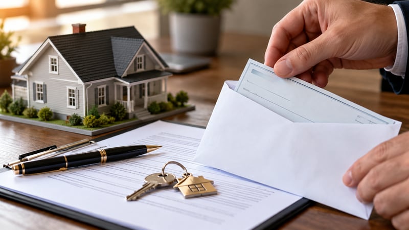 Hand slipping a check into an envelope on top of a home purchase agreement beside a model house