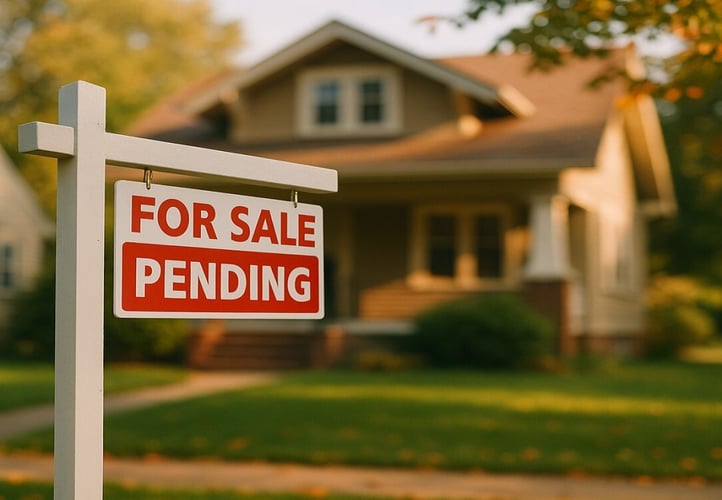 For Sale sign with a Pending rider in front of a bungalow house