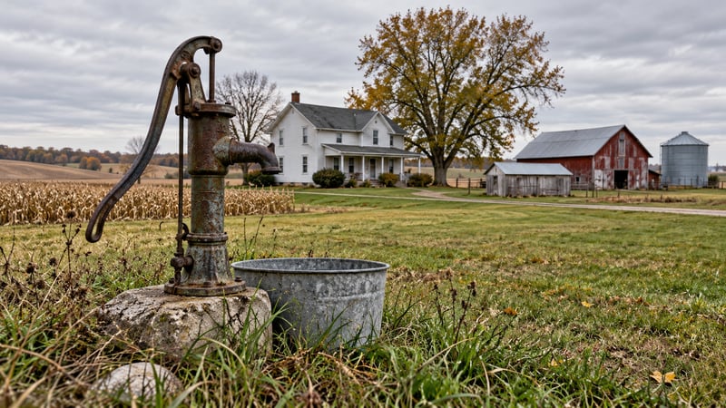 Old hand water pump at a private well on a rural Iowa farmstead with a farmhouse and barn behind it