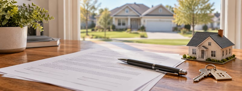 Purchase agreement pages, a pen, house keys and a small model house on a sunlit wooden desk