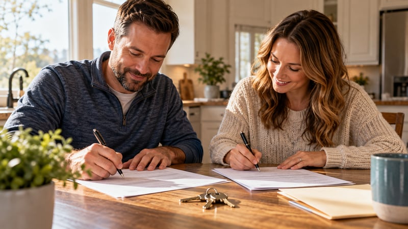 Couple signing documents at a kitchen table with a set of house keys