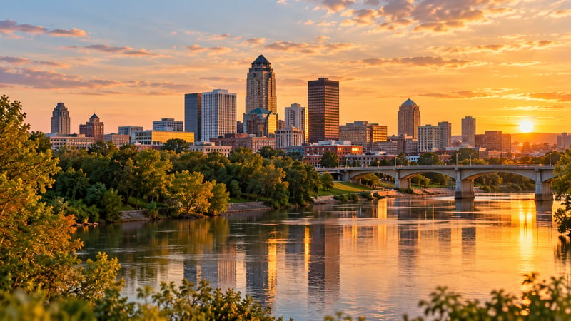 Des Moines skyline at sunset reflected in the river beside an arched bridge