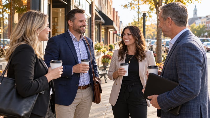 Four professionals holding coffee cups chatting on a small-town downtown sidewalk