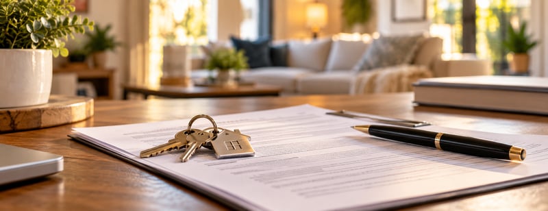 Mortgage loan paperwork, house keys and a pen on a desk in a cozy living room