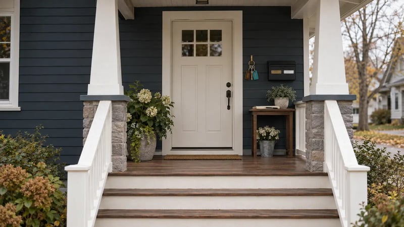 Front porch and white front door of a dark blue house with steps and a potted plant