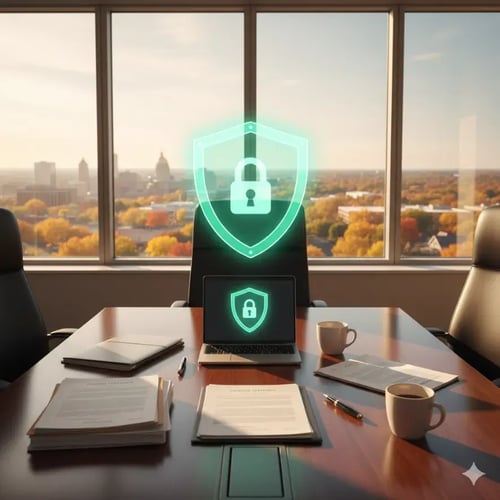 Glowing shield and padlock icon on a desk with documents, city skyline in the window
