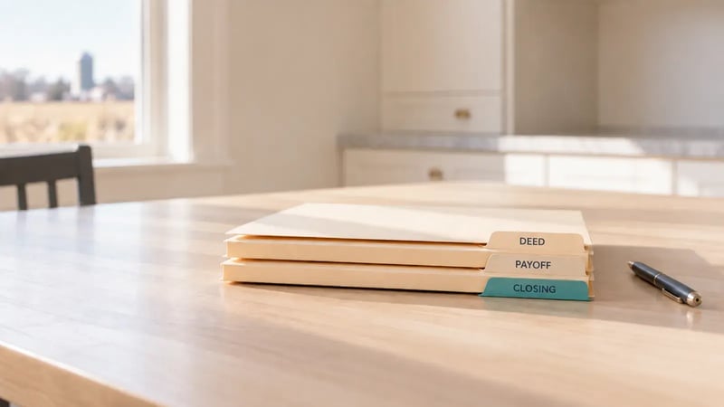 Three folders labeled Deed, Payoff and Closing on a kitchen table with a pen