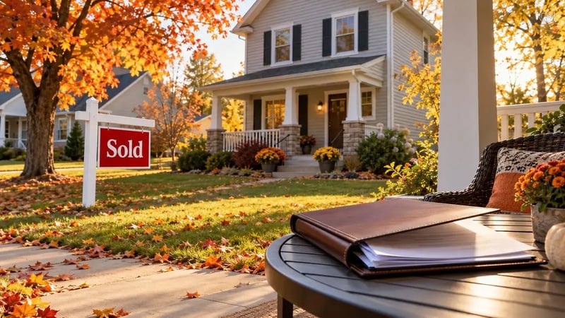 Sold sign in front of an Iowa home with closing papers on the porch