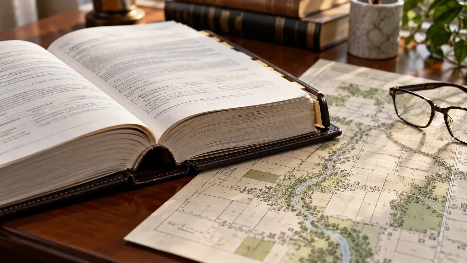 Thick open record book beside a plat map and eyeglasses on a wooden desk