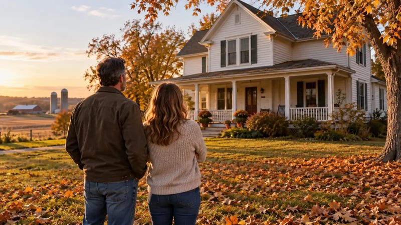 Couple looking at a white farmhouse surrounded by autumn trees and fallen leaves