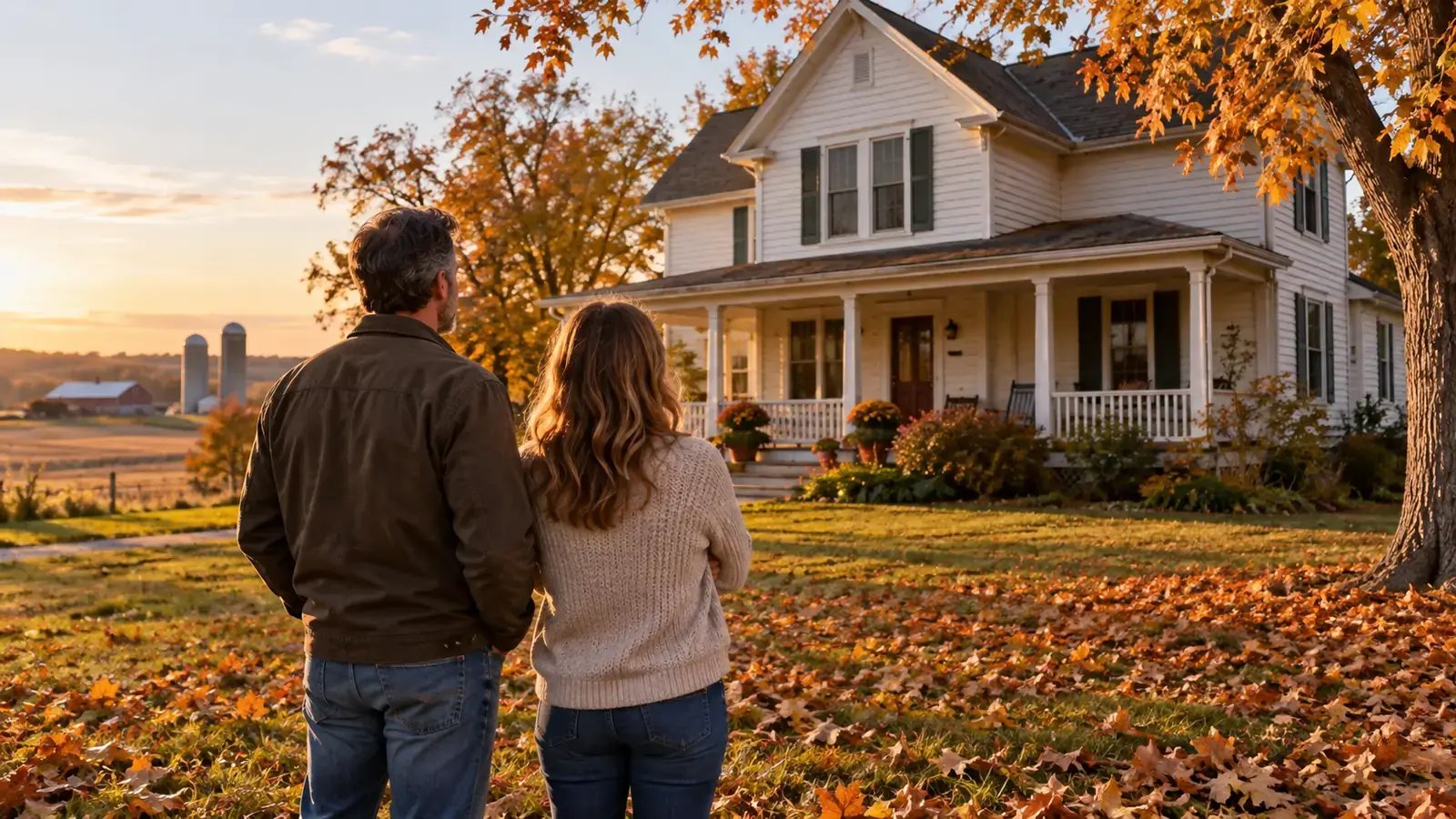 Couple looking at a white farmhouse surrounded by autumn trees and fallen leaves
