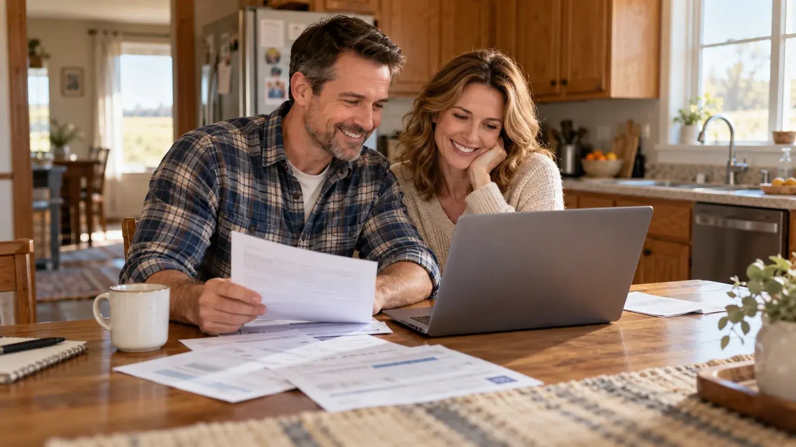 Couple smiling at their kitchen table as they review mortgage paperwork and a laptop