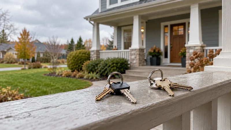 Two separate sets of house keys resting on a porch railing outside a home