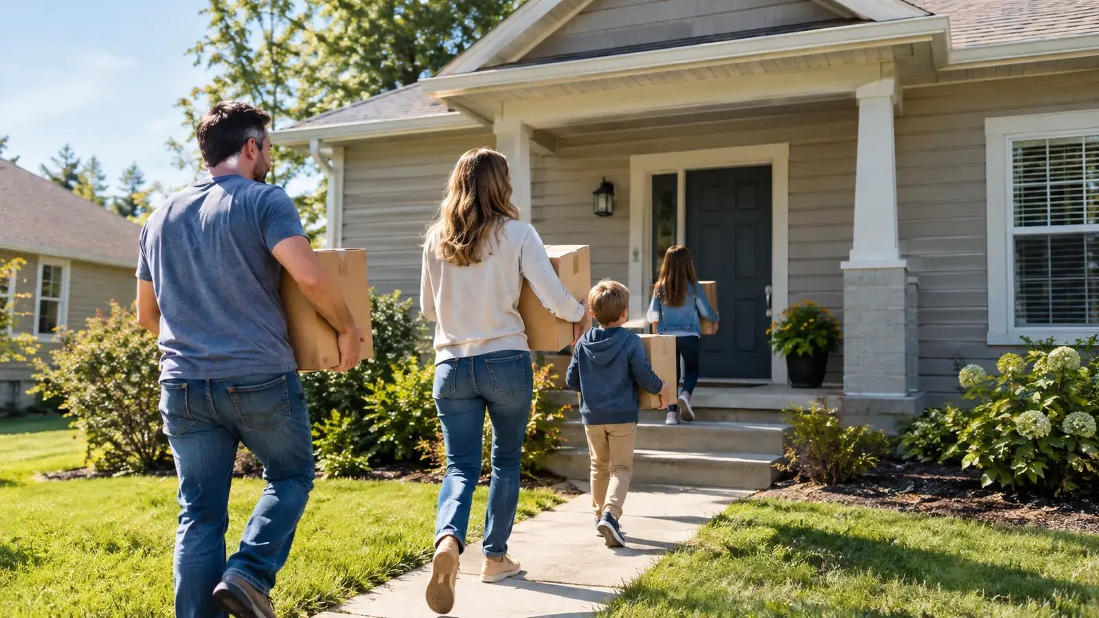 Family carrying moving boxes up the front walk to their new gray house