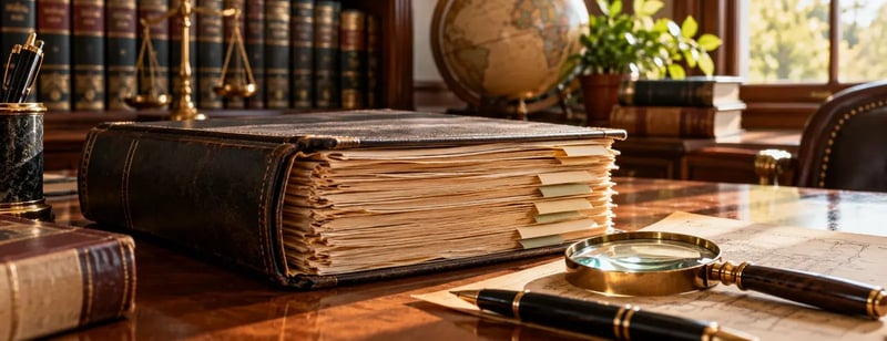 Thick leather-bound abstract of title with tabbed pages, a magnifying glass on an old map, and a pen on a law office desk