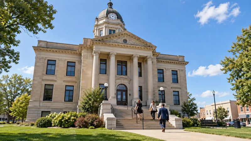 People walking up the steps of a historic county courthouse