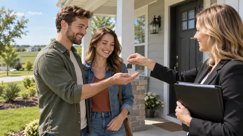 Couple receiving house keys on the front porch of their new home