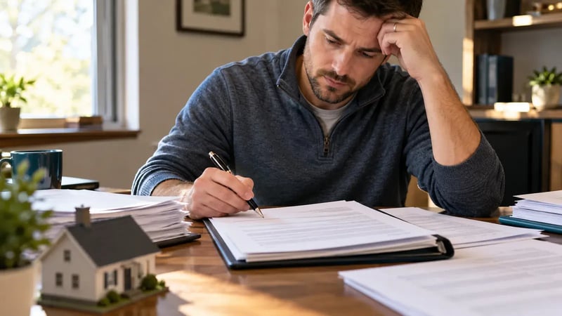 Frustrated man reviewing stacks of paperwork at a desk beside a small model house