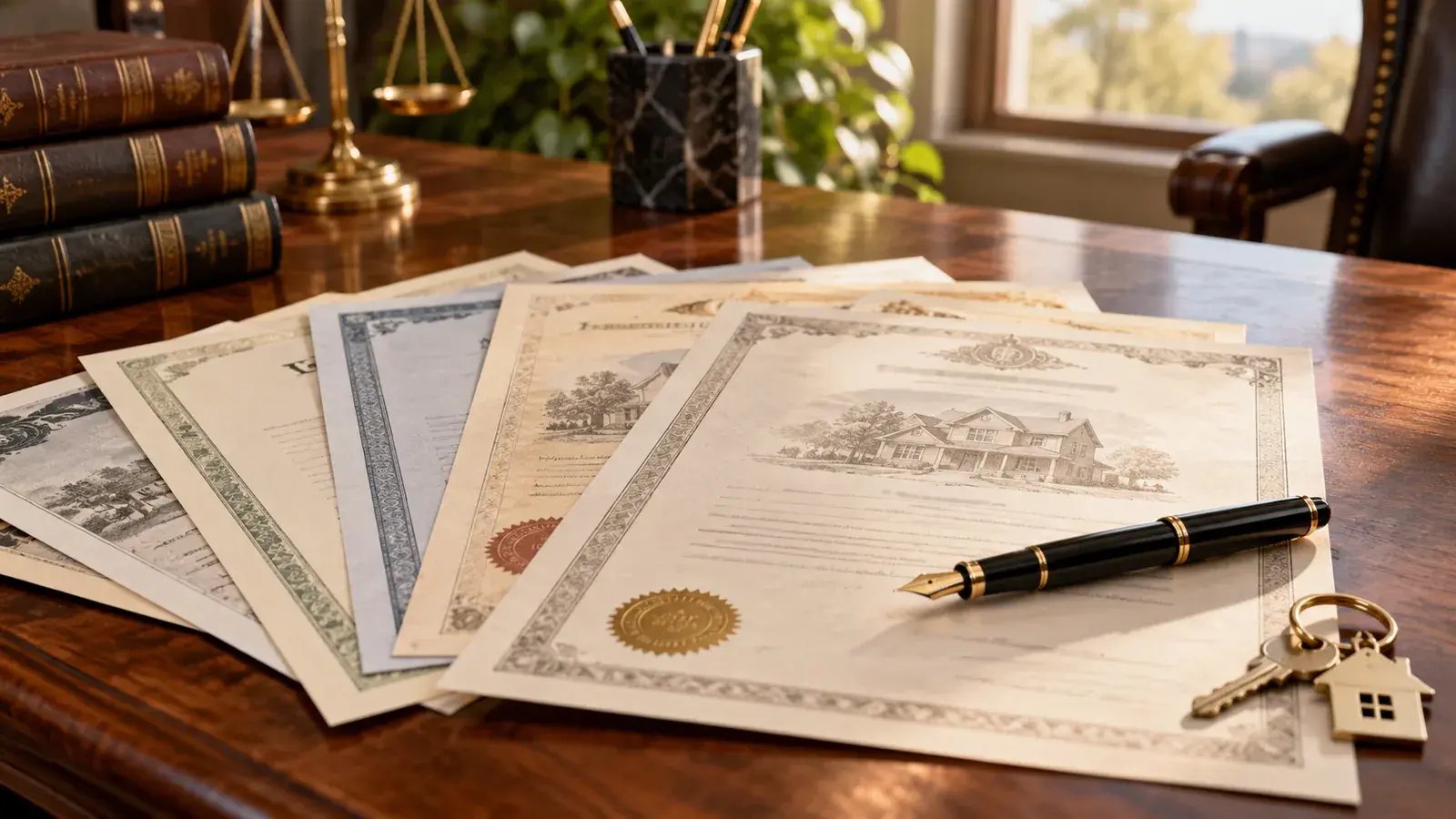 Several property deed documents fanned out on a law office desk with a fountain pen and house keys