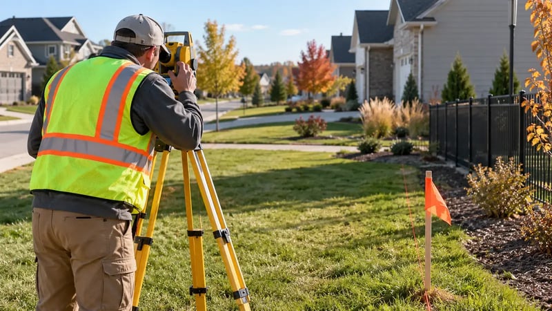 Land surveyor with a tripod instrument measuring a residential lot line marked with an orange flag