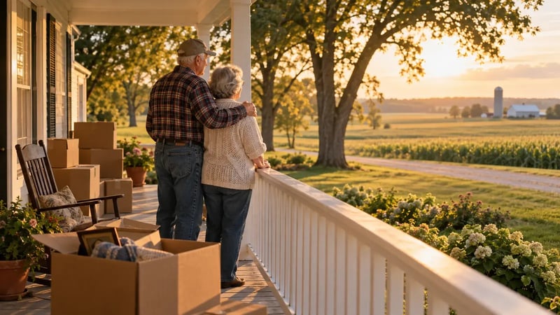 Older couple on the porch of their longtime farmhouse with moving boxes beside them
