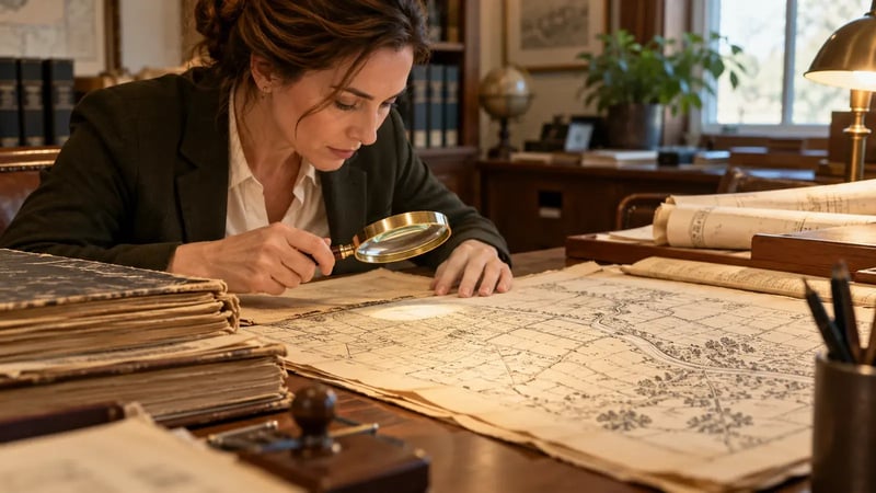 Title examiner studying old property records and a plat map with a magnifying glass