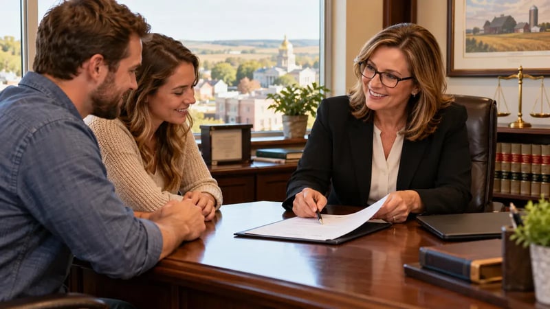 Attorney reviewing a document with a smiling young couple across her office desk