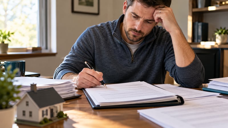 Frustrated man reviewing stacks of paperwork at a desk beside a small model house