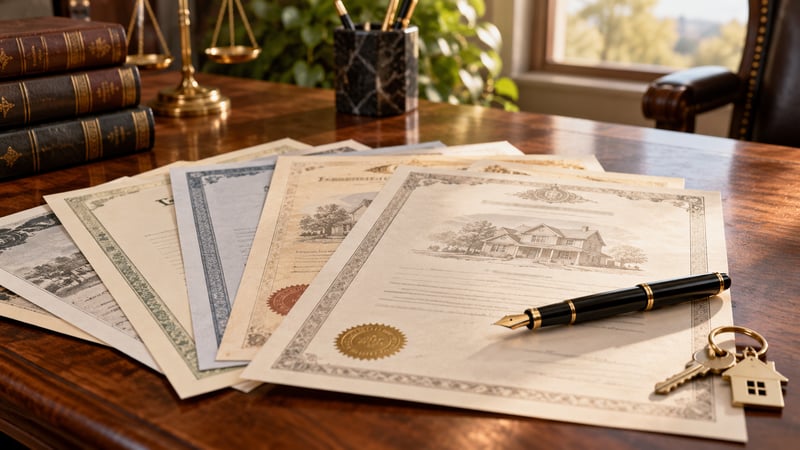 Several property deed documents fanned out on a law office desk with a fountain pen and house keys