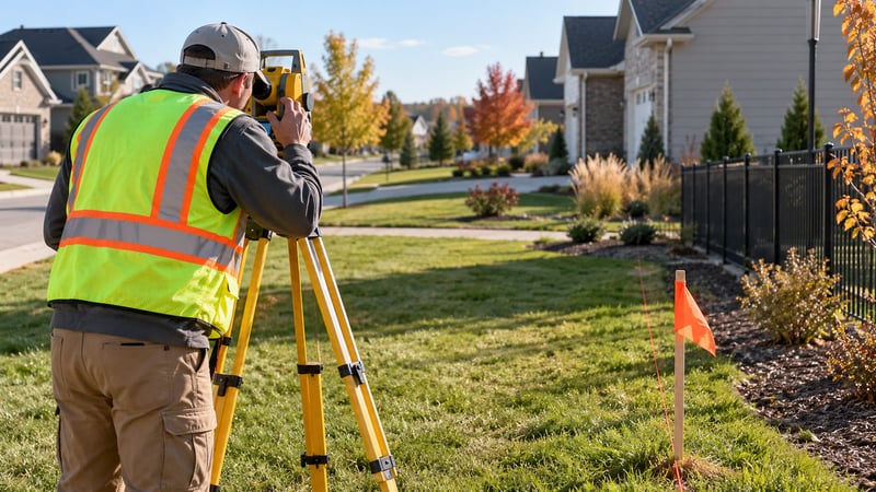 Land surveyor with a tripod instrument measuring a residential lot line marked with an orange flag