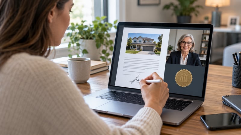 Person at home signing a real estate document on a laptop during a video call with a notary