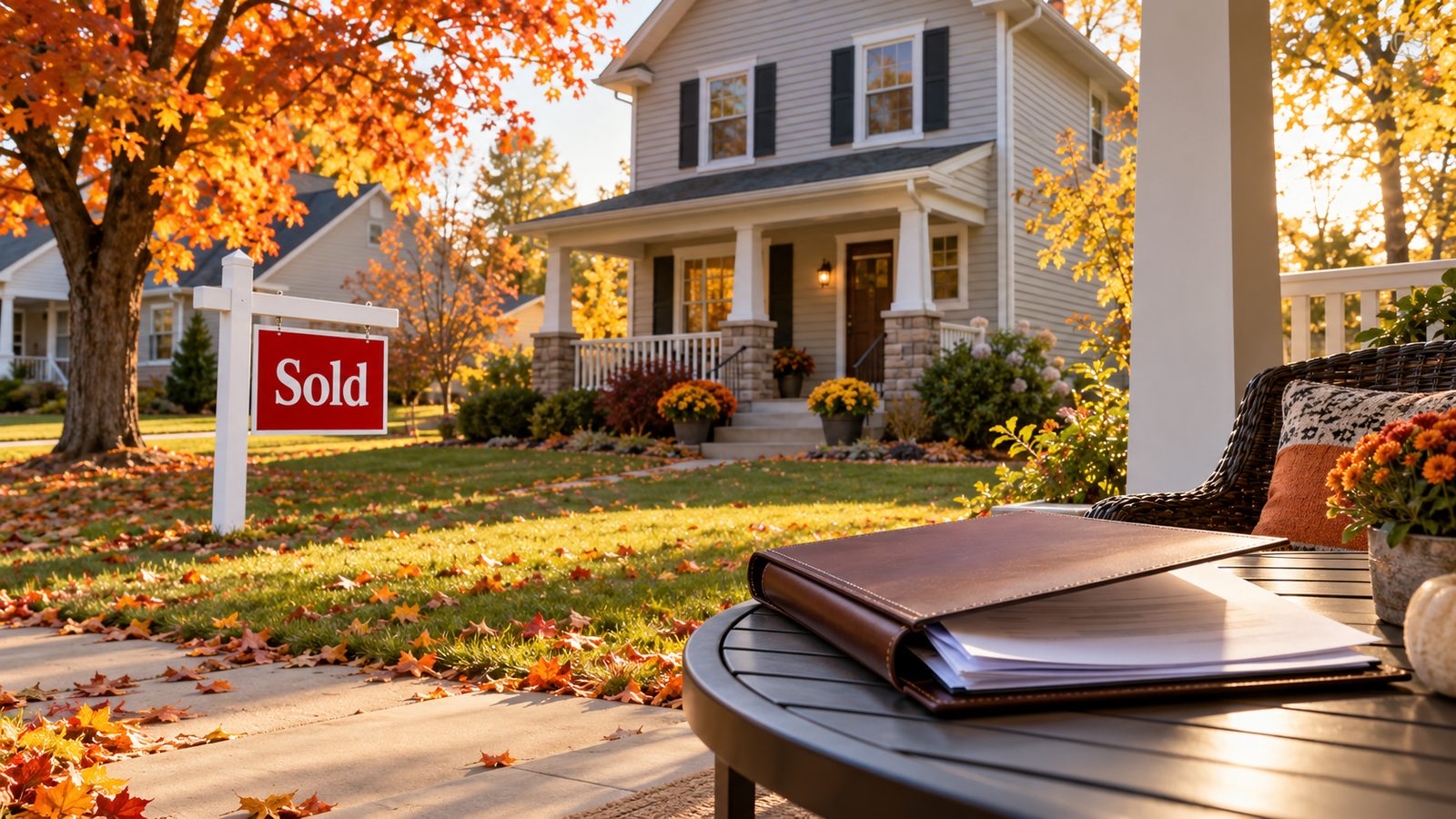 Sold sign in front of an Iowa home with closing papers on the porch