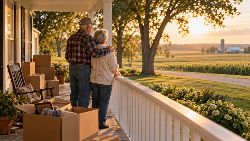 Older couple on the porch of their longtime farmhouse with moving boxes beside them