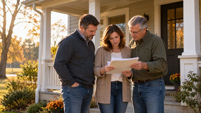Three adults reviewing papers together in front of a house porch in autumn