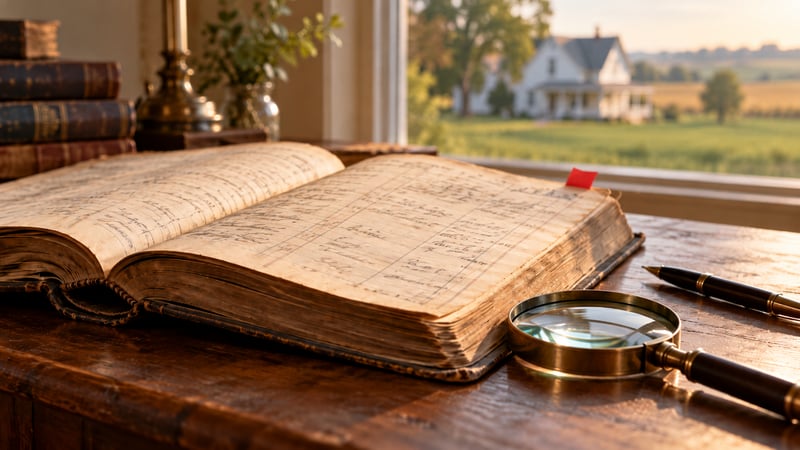 Old open abstract of title on a desk with a magnifying glass, pen and red flag tab