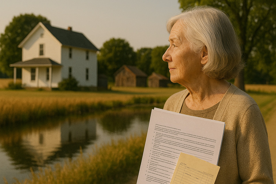 A depiction of Dorothy looking at her farm