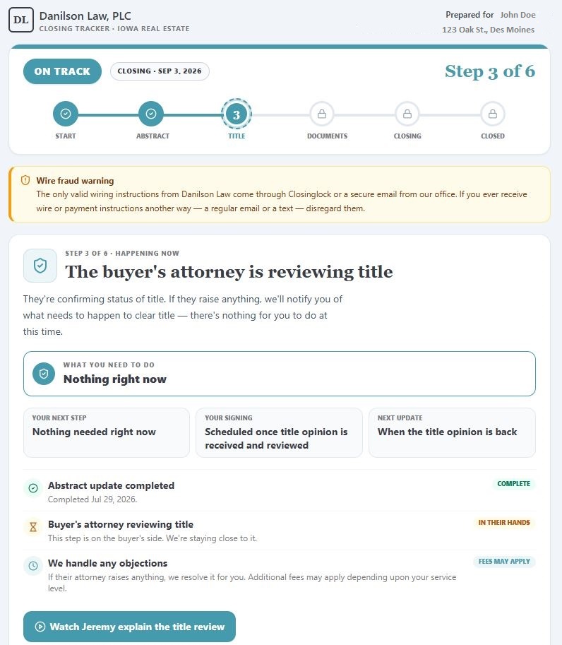 Demonstration Live Transaction Tracker showing the current closing milestone and what happens next
