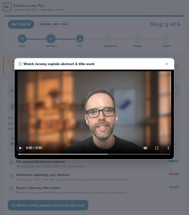 Demonstration tracker showing an attorney video update for the client